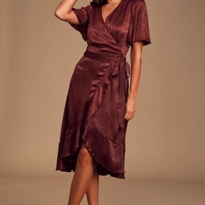 Lulu's Wrapped Up In Love Burgundy Satin Faux-Wrap Midi Dress
